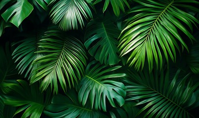 Deep green palm leaves create a lush tropical background with intricate details and a sense of depth evoking a natural exotic and summery vibe perfect for designs