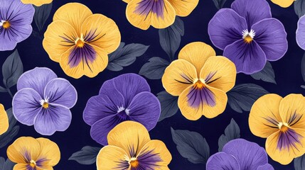 Vibrant Yellow and Purple Pansies on a Dark Background Digital Illustration