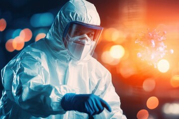 A person in protective gear appears to analyze or interact with a glowing virus, symbolizing health and safety in a medical or scientific context.