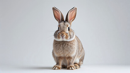 Fototapeta premium Brown rabbit sitting on white background with ears up