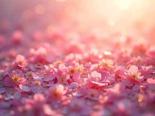 Background illustration delicate pink flowers and petals with bokeh effect