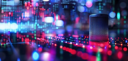 Fototapeta premium A vibrant digital landscape with colorful lights and a speaker, symbolizing audio technology and data visualization.