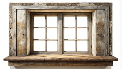 Rustic Wooden Window Frame on White Background