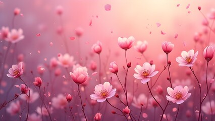 Background illustration delicate pink flowers and petals with bokeh effect