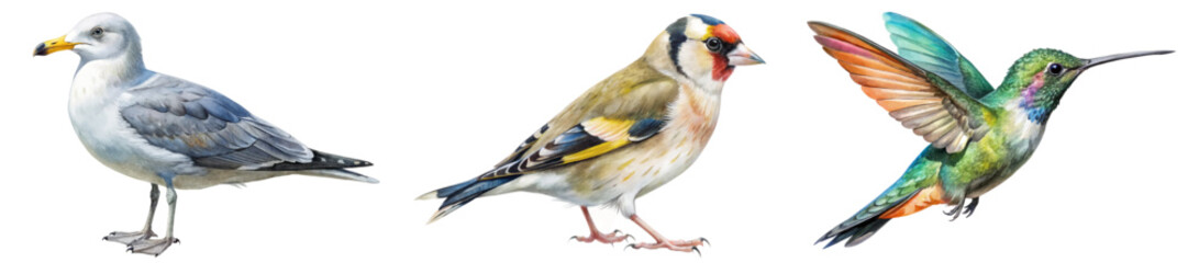 Colorful bird illustrations, detailed wildlife art, seagull, finch, hummingbird, nature depiction, artistic design.