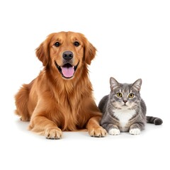 Fototapeta premium A golden retriever dog and a gray tabby cat are depicted lying down side-by-side, centered in the image. 