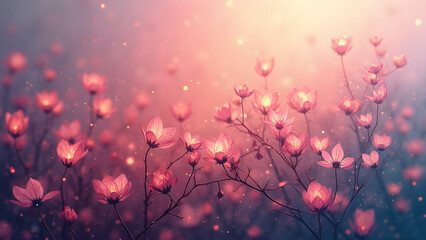 Background illustration delicate pink and orange flowers at sunset with bokeh effect