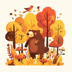 Naklejka premium Adorable Brown Bear in Autumn Forest with Colorful Trees and Mushrooms