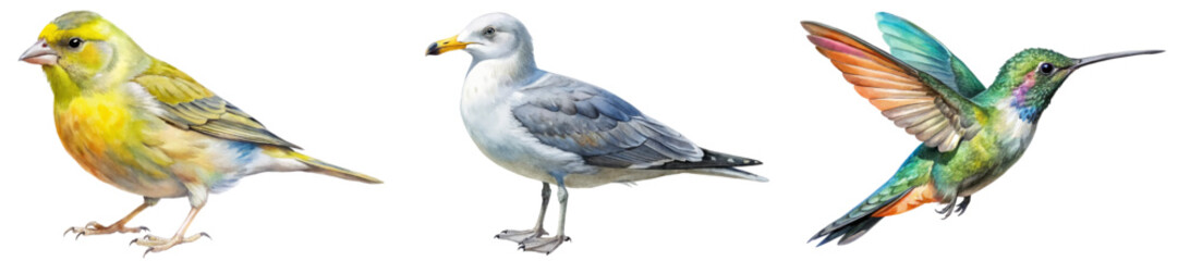 Colorful bird illustrations, detailed wildlife art, vibrant feathers, nature themed, educational purpose, stock image.