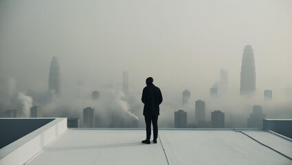 Fototapeta premium A solitary figure stands on a rooftop, gazing at a foggy urban skyline, conveying a sense of isolation and contemplation.