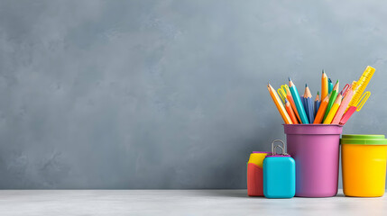 Obraz premium Colorful pencils, pens, and erasers on desk, grey background, back to school