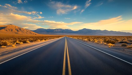 A long straight road stretches across a vast arid landscape under a dramatic sky with mountains in the distance conveying a sense of journey adventure and the open road