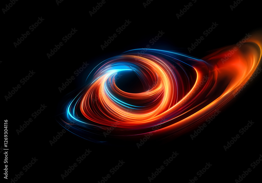 Poster abstract image featuring swirling, vibrant light trails in blue and orange hues against a stark blac