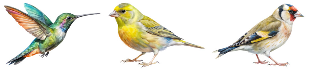Colorful bird illustrations, detailed wildlife art, vibrant hummingbird, yellow finch, European goldfinch.