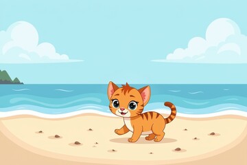 Fototapeta premium A cute abyssinian kitten playing on a sandy beach with a beautiful ocean backdrop. Concept showcases the joy of an abyssinian kitten playing in a vibrant and serene environment.
