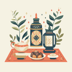 Ramadan essentials like dates, a lantern, and a prayer mat.