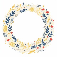 Obraz premium Elegant Floral Wreath Frame Watercolor Style Yellow Blue Red Flowers Botanical Illustration Circle