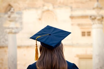 Back view of a young woman with a graduation cap against a blurred neutral background with copy space