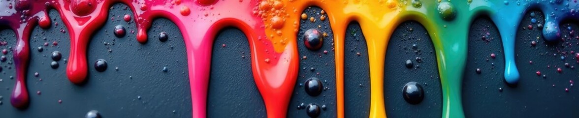 A melting rainbow drips down a metal surface with reflections and ripples, colorful drips, abstract shapes