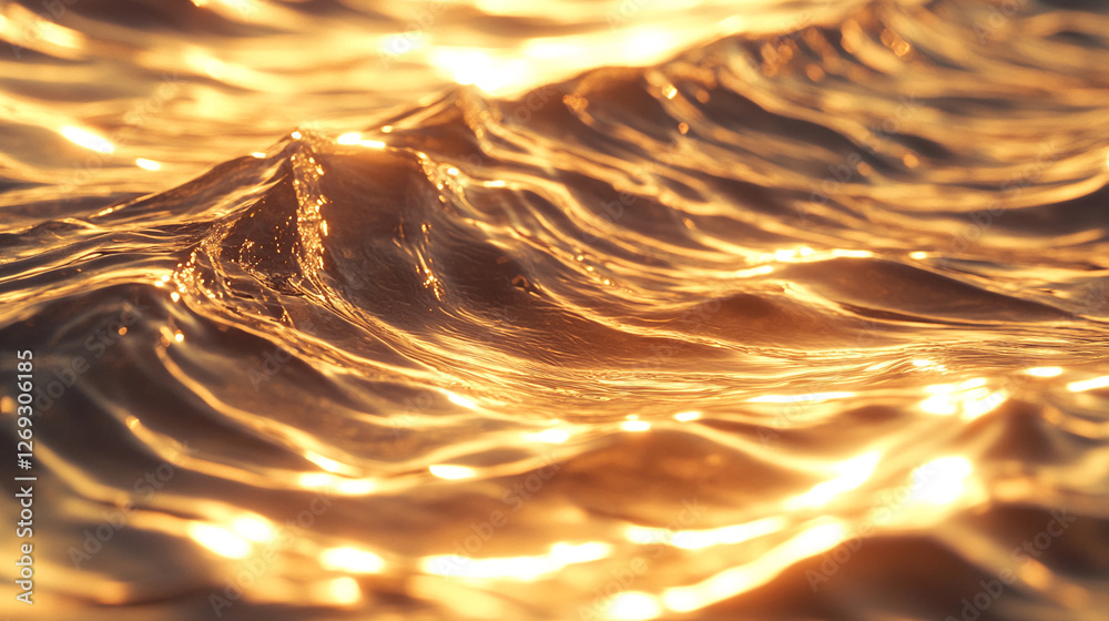 Poster close-up of golden ocean waves, the sunlight reflecting on the water surface, creating a dynamic and