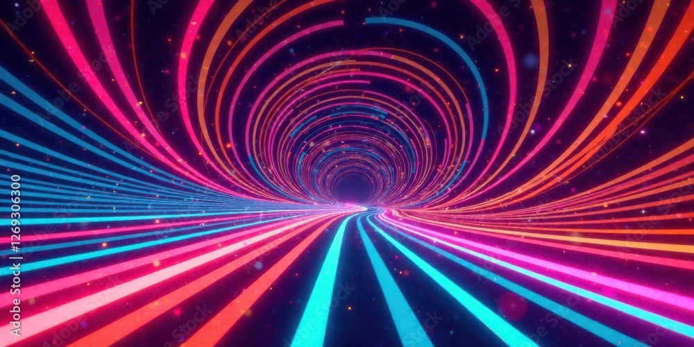 Poster abstract neon light trails in a swirling vortex tunnel of vibrant colors