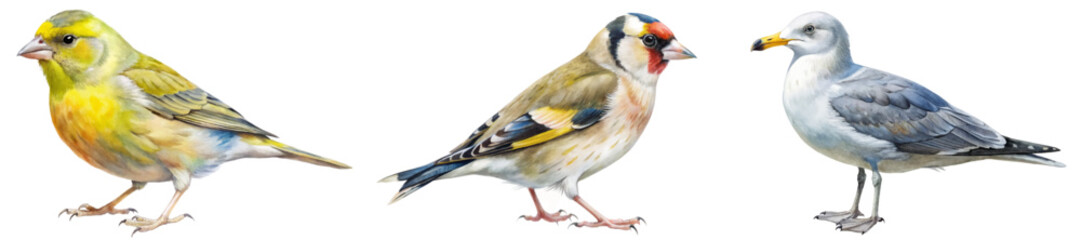 Colorful bird illustrations, realistic style, detailed feathers, artistic representation, nature themes, wildlife art.