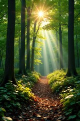 Dappled sunlight on forest floor amidst trees, forest floor, leaves