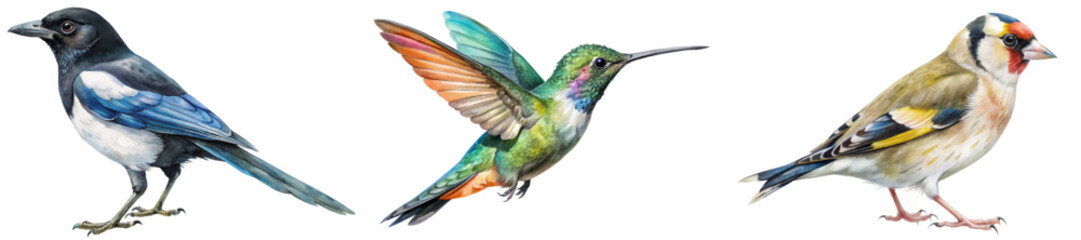 Colorful bird illustrations, realistic style, nature artwork, detailed feathers, vibrant colors, artistic representation.
