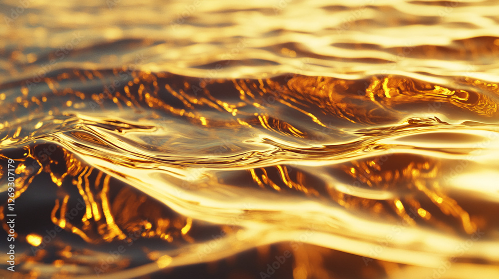 Poster Close-up of golden water waves in motion, showcasing the shimmering surface and dynamic texture. Symbolizes energy, fluidity, and natural beauty, with a focus on fluid motion and reflection.