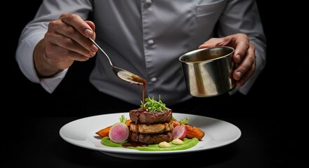A male chef pouring sauce from the spoon on meal on a black background.

