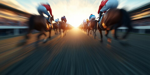 Horse racing or derby jockey riding a horse during a race or pre run. Blurred bokeh motion. Hand edited Ai image. 