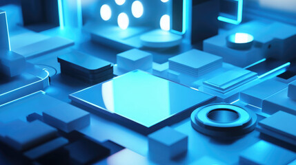 Modern digital design featuring intricate geometric shapes and vibrant blue lighting in a creative workspace