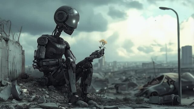 A lone robot sits in a post-apocalyptic wasteland, holding a fragile flower as a symbol of hope. The desolate ruins contrast with nature&rsquo;s resilience, reflecting the future of AI and humanity