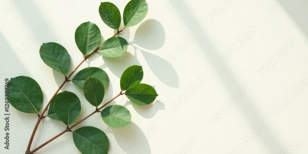 Poster serene branch with lush green leaves casts gentle shadows on a pale surface