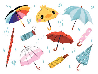 Cute spring umbrella collection with raindrops. Colorful umbrellas, rainy weather, seasonal spring decor. Flat vector illustration isolated on white background. © Hanna Bykova