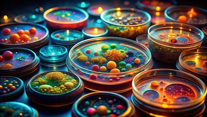 Fototapeta premium Vibrant Abstract Petri Dish Panorama: Low-Light Colorful Science Wallpaper