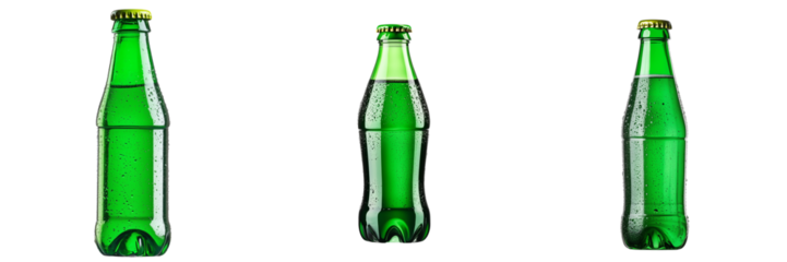 Set of Green glass bottle mid-splash, water droplets frozen in motion, isolated on transparent png background. Ai generated