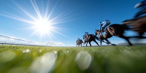 Horse racing or derby jockey riding a horse during a race or pre run. Blurred bokeh motion. Hand edited Ai image. 