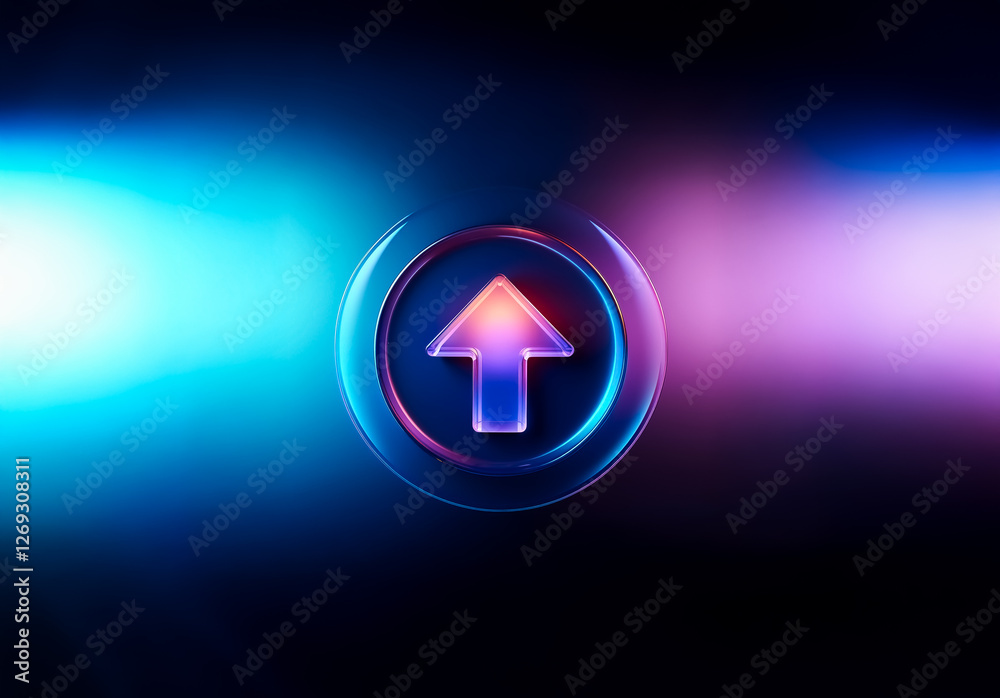 Aufkleber a vibrant upward arrow glows within a circular frame against a blurred backdrop of blue and purple h