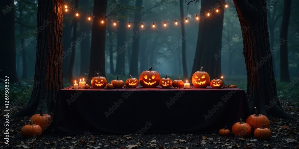 Poster enchanted forest halloween gathering with illuminated jack-o'-lanterns and candles on a dark table