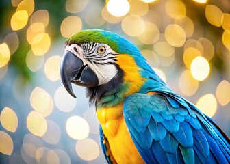 Fototapeta premium Vibrant Ara Parrot with Yellow and Blue Feathers on White Background - Bokeh Effect