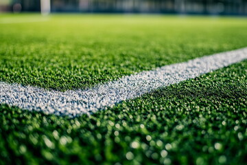 Well-maintained soccer field with detailed grass texture, with blurred players running in the background, evoking the passion and intensity of the sport.

