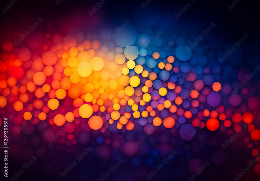 Fototapete Abstract background with vibrant, blurred circles in warm hues transitioning to cool blues and purples, creating a bokeh effect on a dark backdrop.