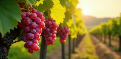 Naklejka premium Red grapes ripening in the sun on a vineyard trellis, vineyard, vineyard life, greenery