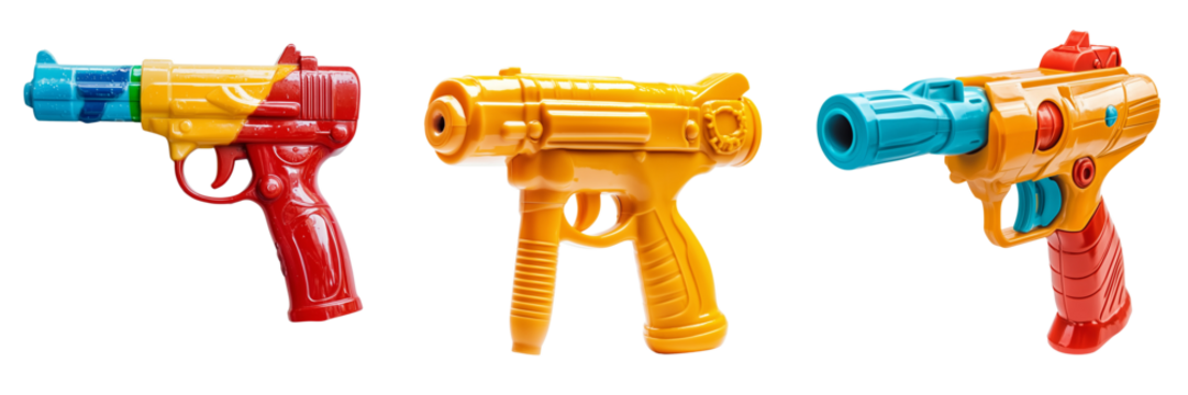 Set of High-quality stock photo of a cheerful yellow toy gun with a futuristic design, ready for action on transparent png background. Ai generated