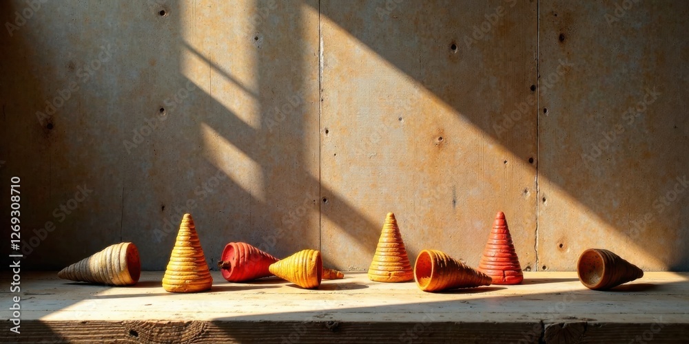 Fototapete sunlit wooden cones arranged on rustic surface, cast shadows emphasize texture and form