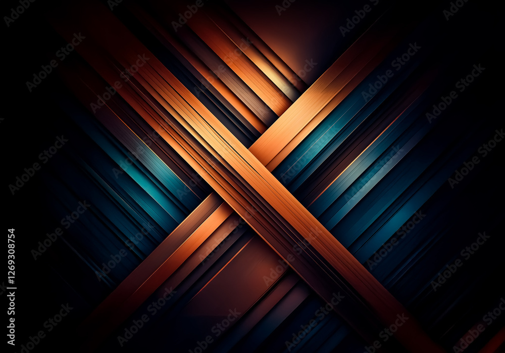 Fototapete abstract image: intersecting diagonal bands of orange, brown, and teal colors create a modern design
