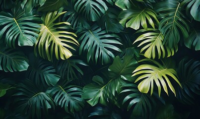 A lush tapestry of tropical foliage featuring vibrant green palm leaves and monstera creating a dense jungle backdrop with a sense of depth and natural beauty