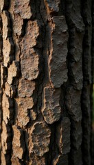 Obraz premium Rough textured pine tree bark on wooden background, natural, rustic wood, fiber