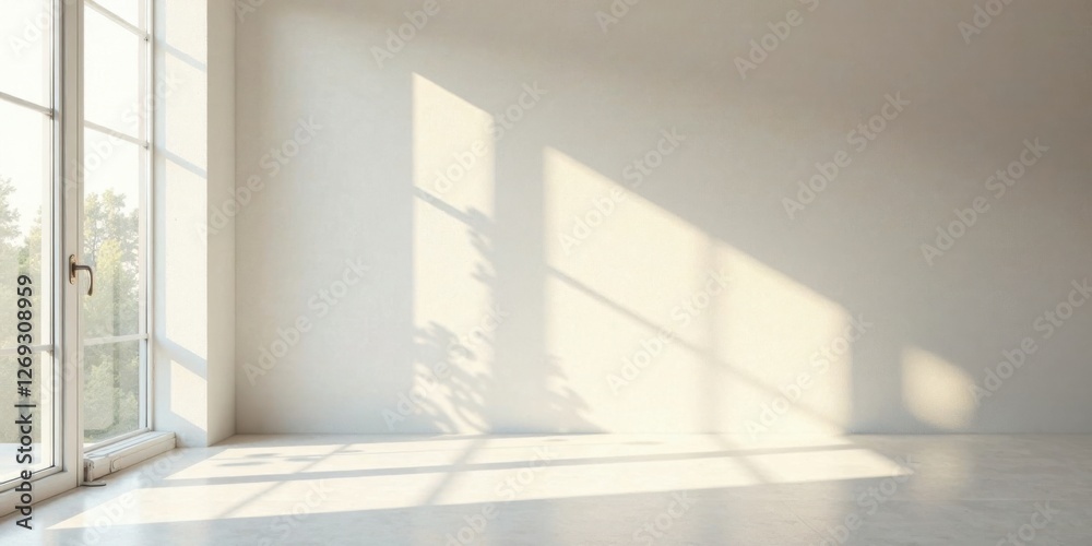 Fototapete sunlit empty room interior with white walls and large window showing subtle light and shadow play